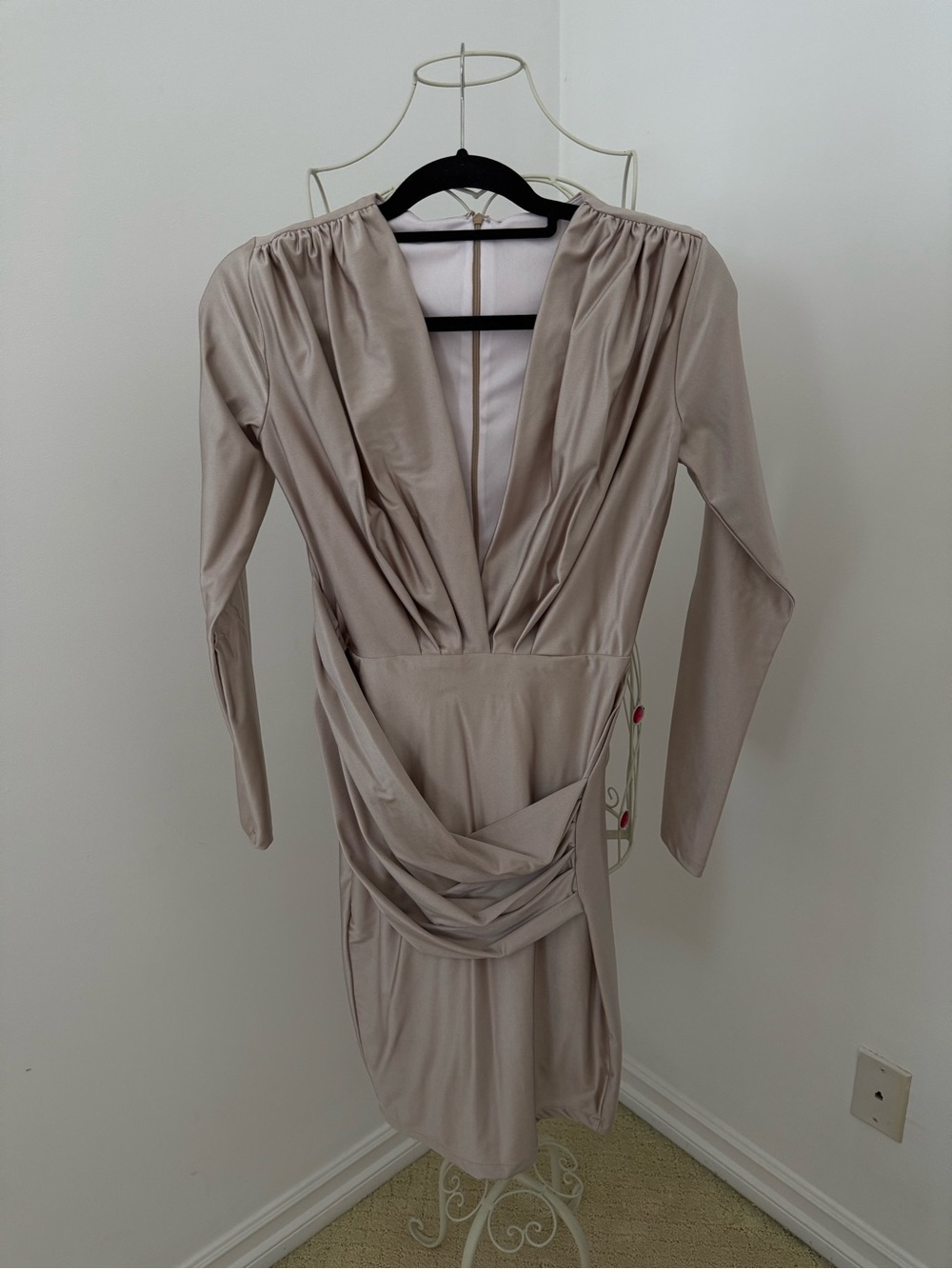 Long Sleeve Draped V-Neck Women's Dress in Metallic Rose Gold